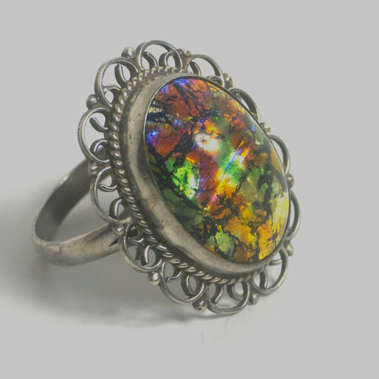 Vintage Mexican Sterling Silver Iridescent Glass Statement Ring