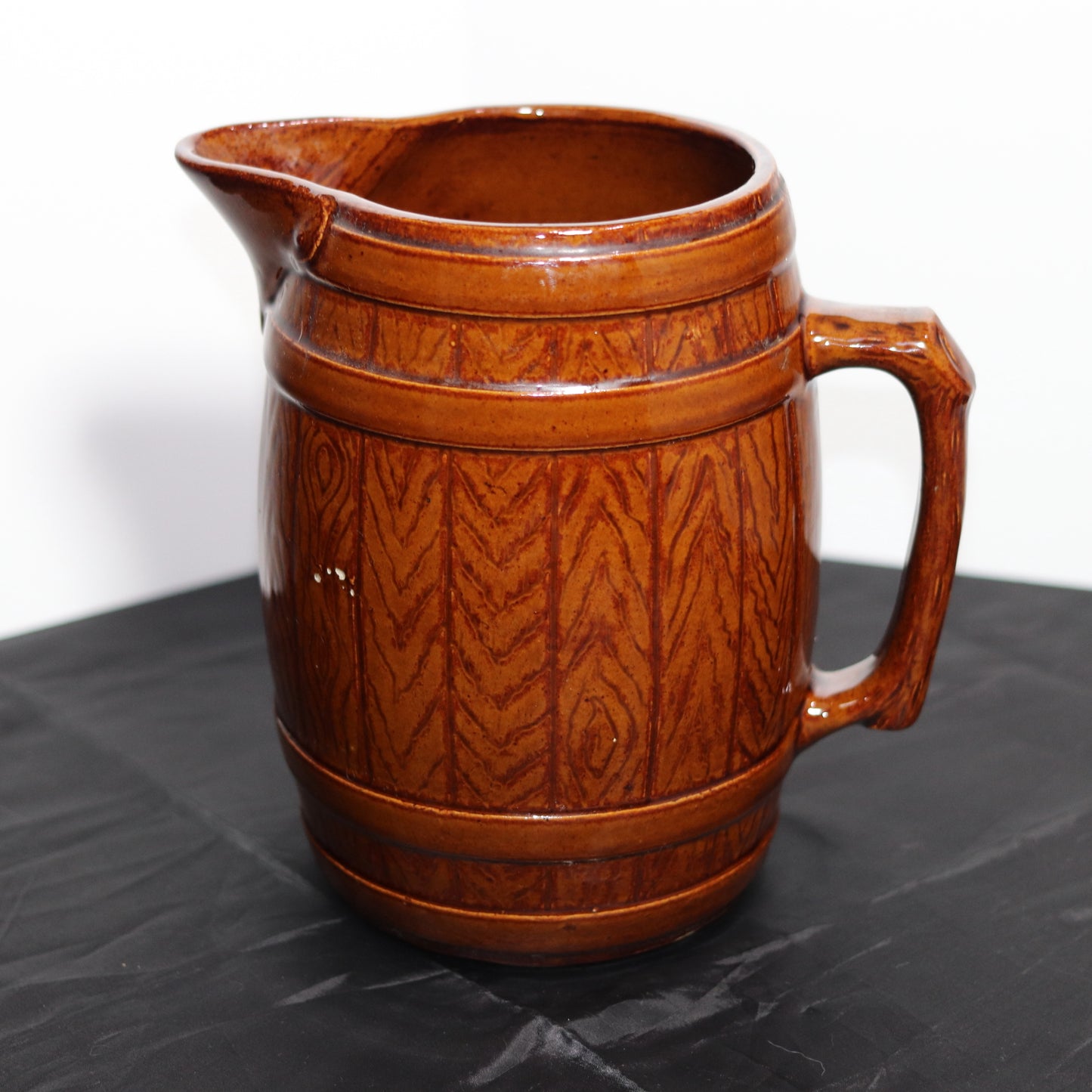 Vintage Brown Glazed Stoneware Barrel Pitcher & Parrot Mugs Set (10 Piece)