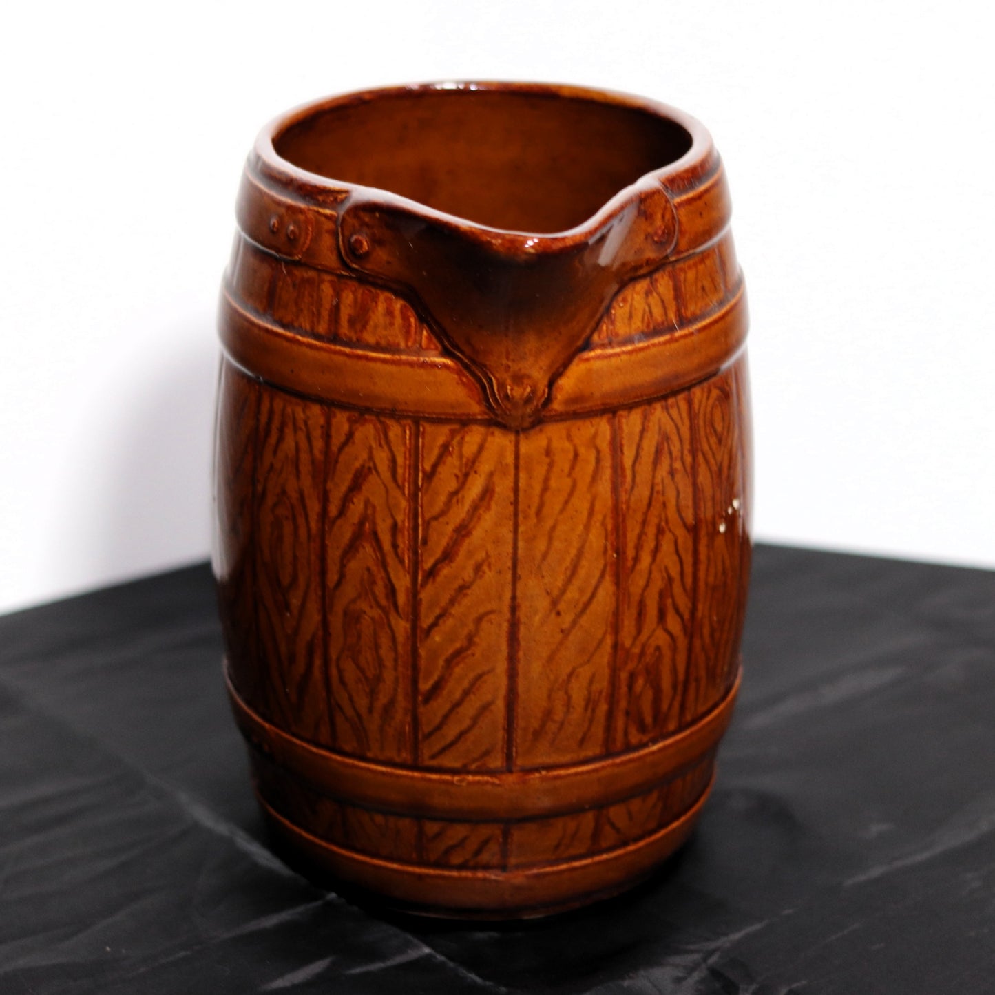 Vintage Brown Glazed Stoneware Barrel Pitcher & Parrot Mugs Set (10 Piece)