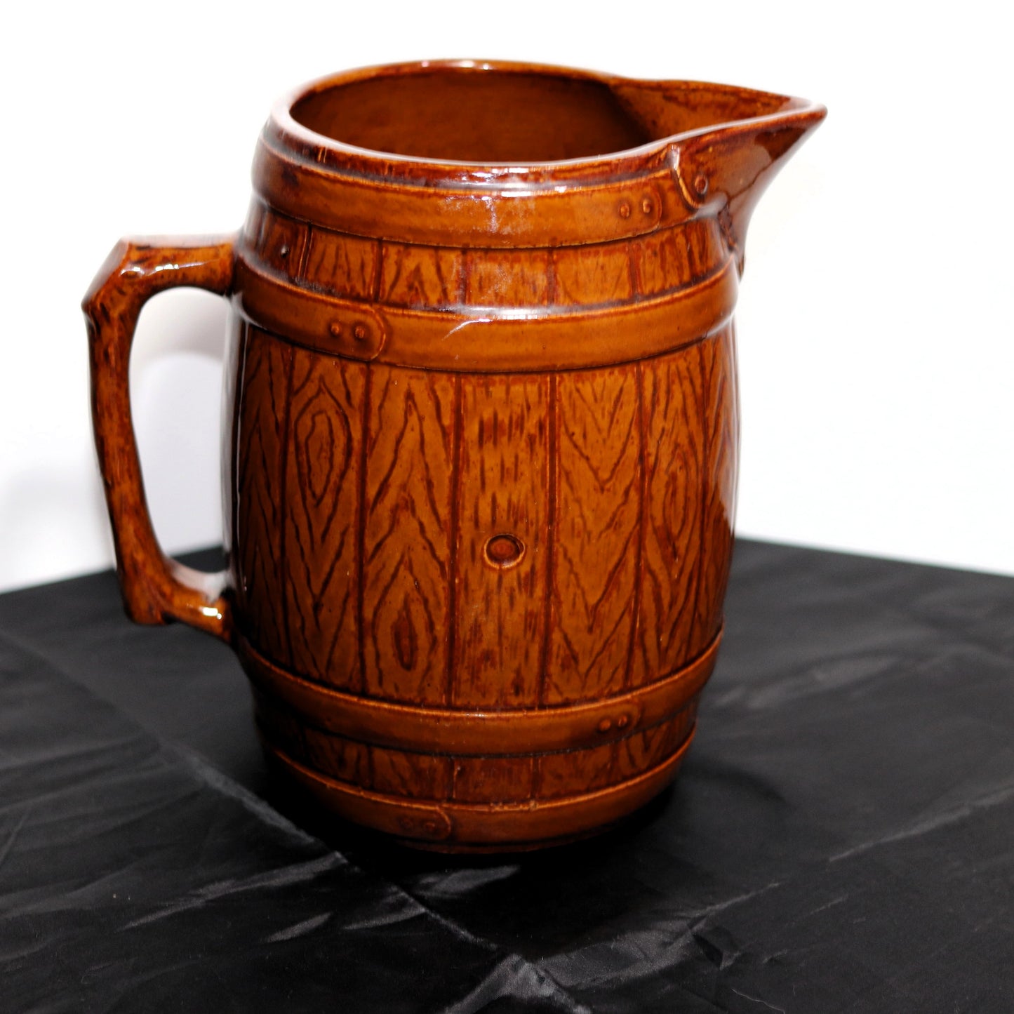 Vintage Brown Glazed Stoneware Barrel Pitcher & Parrot Mugs Set (10 Piece)