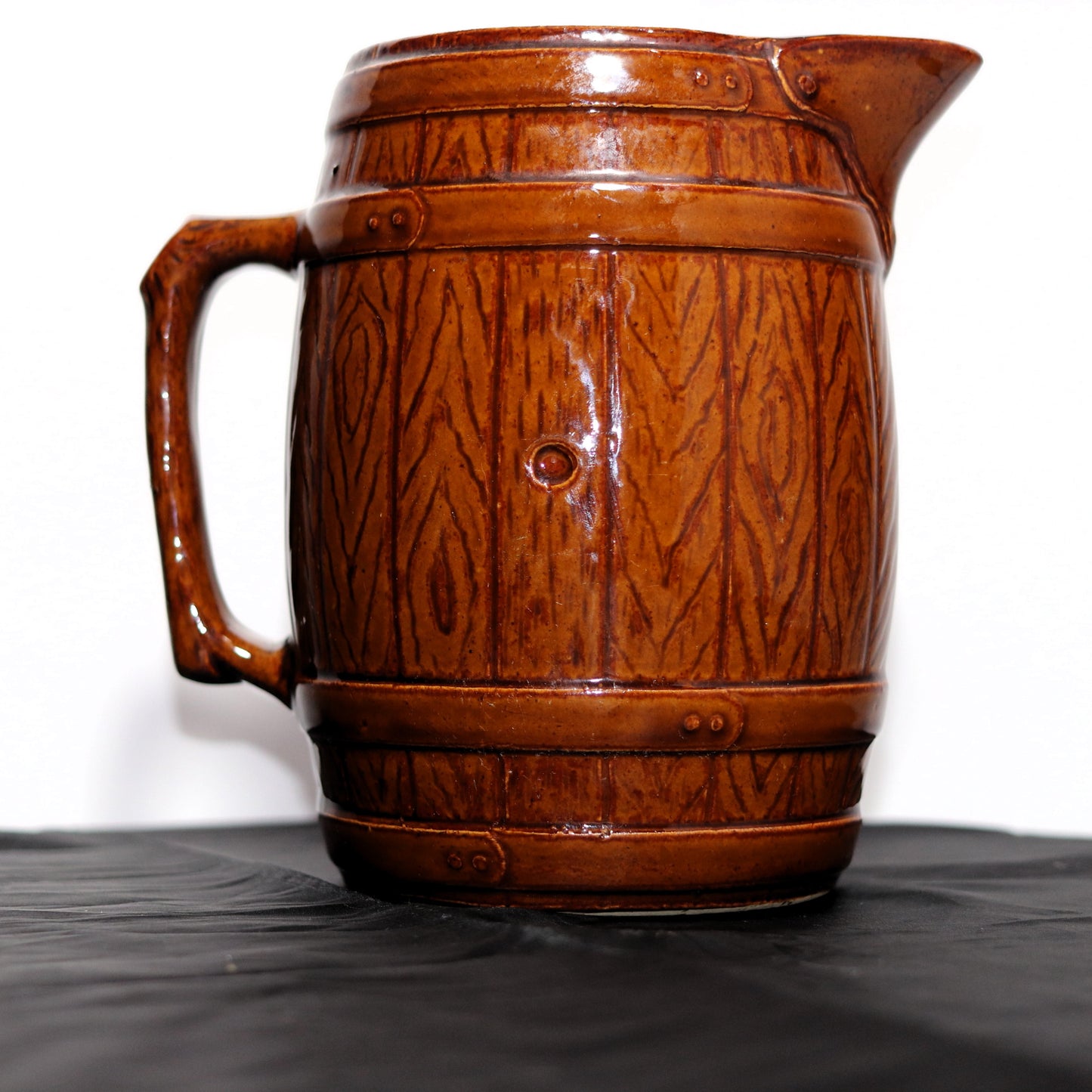 Vintage Brown Glazed Stoneware Barrel Pitcher & Parrot Mugs Set (10 Piece)