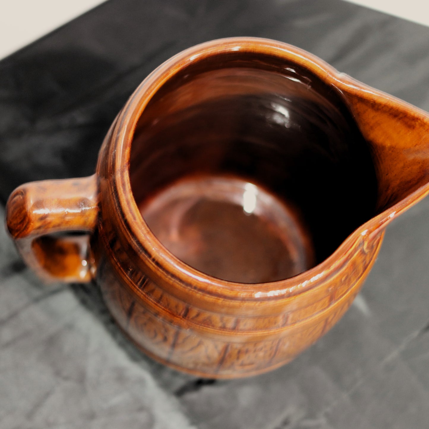 Vintage Brown Glazed Stoneware Barrel Pitcher & Parrot Mugs Set (10 Piece)