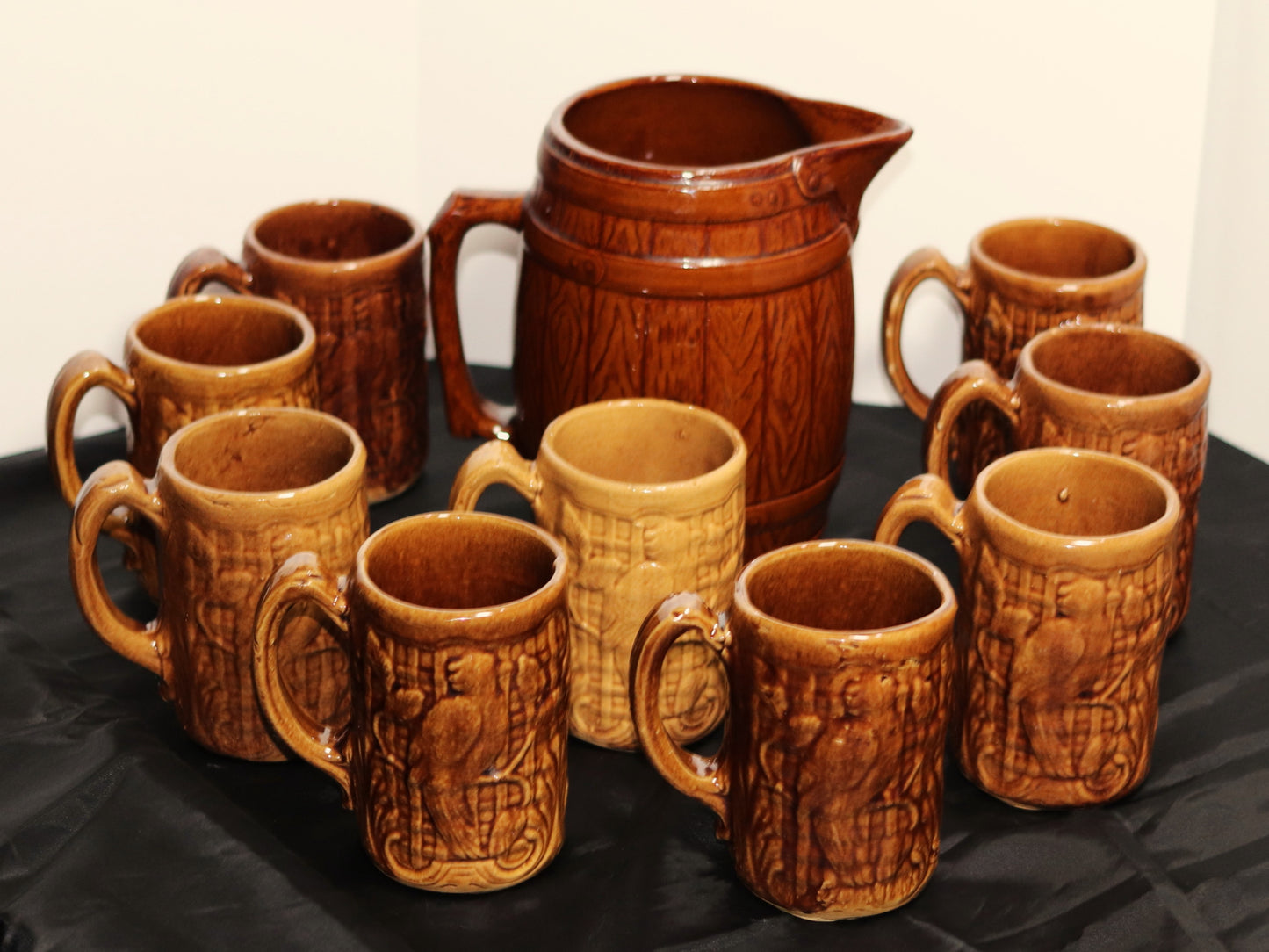 Vintage Brown Glazed Stoneware Barrel Pitcher & Parrot Mugs Set (10 Piece)
