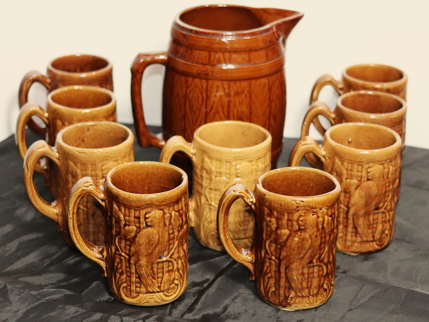 Vintage Brown Glazed Stoneware Barrel Pitcher & Parrot Mugs Set (10 Piece)