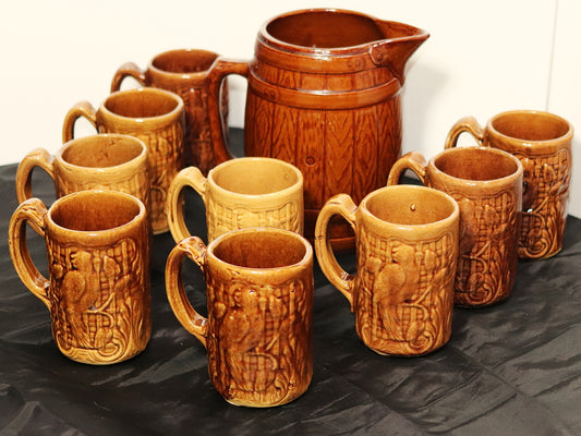 Vintage Brown Glazed Stoneware Barrel Pitcher & Parrot Mugs Set (10 Piece)