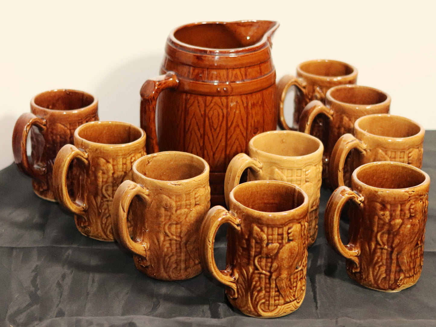 Vintage Brown Glazed Stoneware Barrel Pitcher & Parrot Mugs Set (10 Piece)