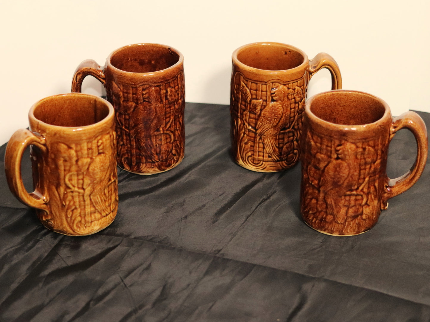 Vintage Brown Glazed Stoneware Barrel Pitcher & Parrot Mugs Set (10 Piece)