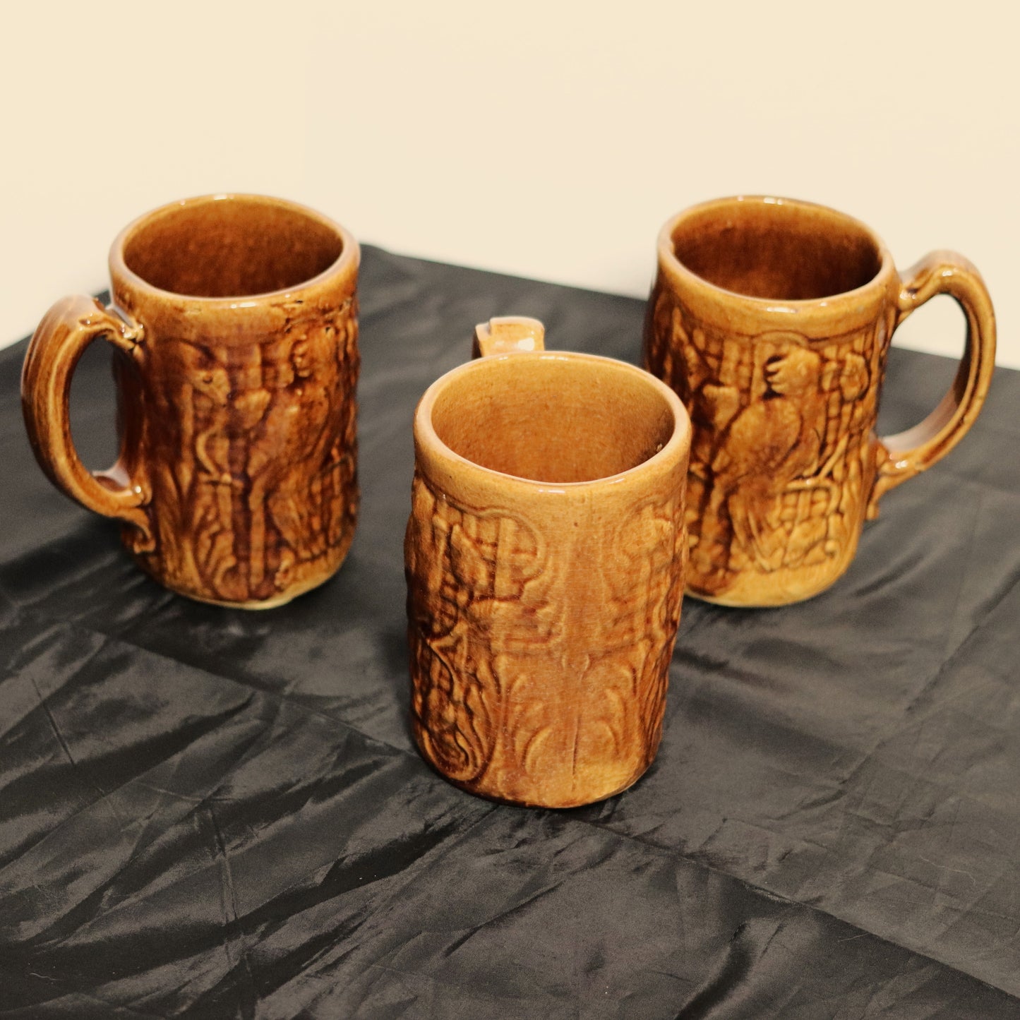 Vintage Brown Glazed Stoneware Barrel Pitcher & Parrot Mugs Set (10 Piece)