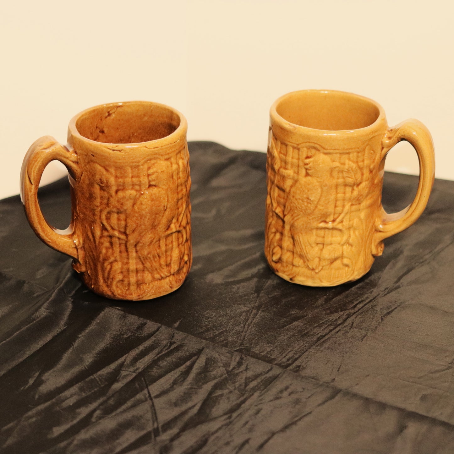 Vintage Brown Glazed Stoneware Barrel Pitcher & Parrot Mugs Set (10 Piece)