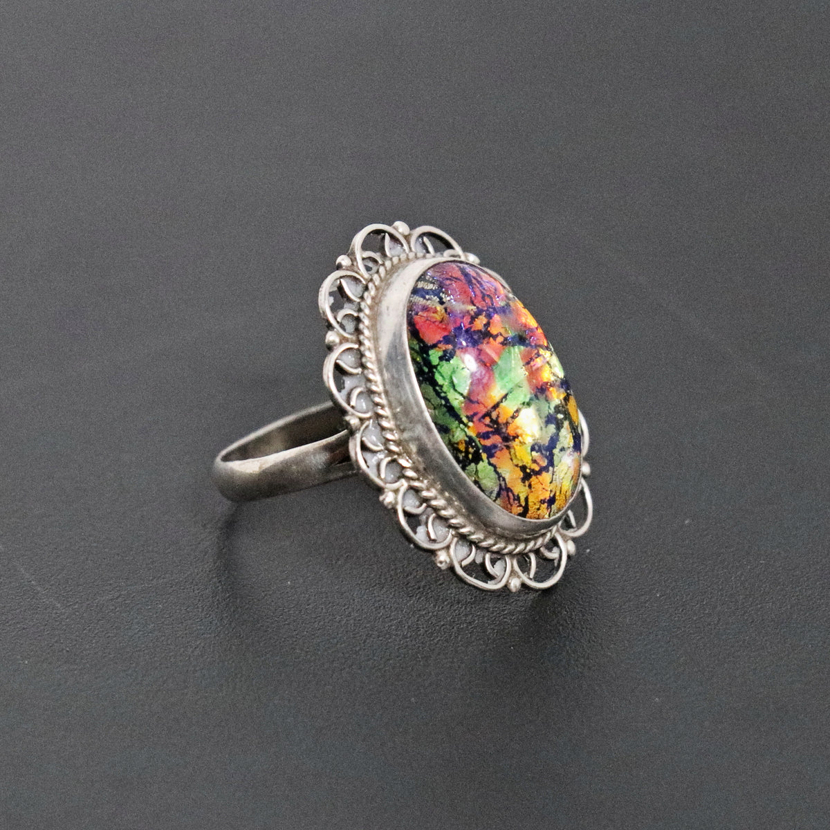 Vintage Mexican Sterling Silver Iridescent Glass Statement Ring