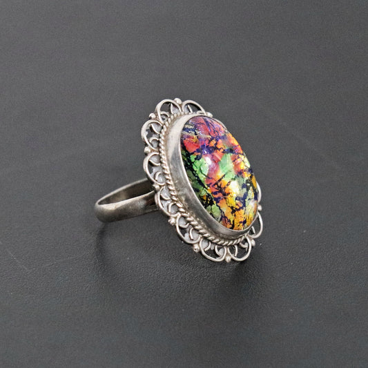 Vintage Mexican Sterling Silver Iridescent Glass Statement Ring