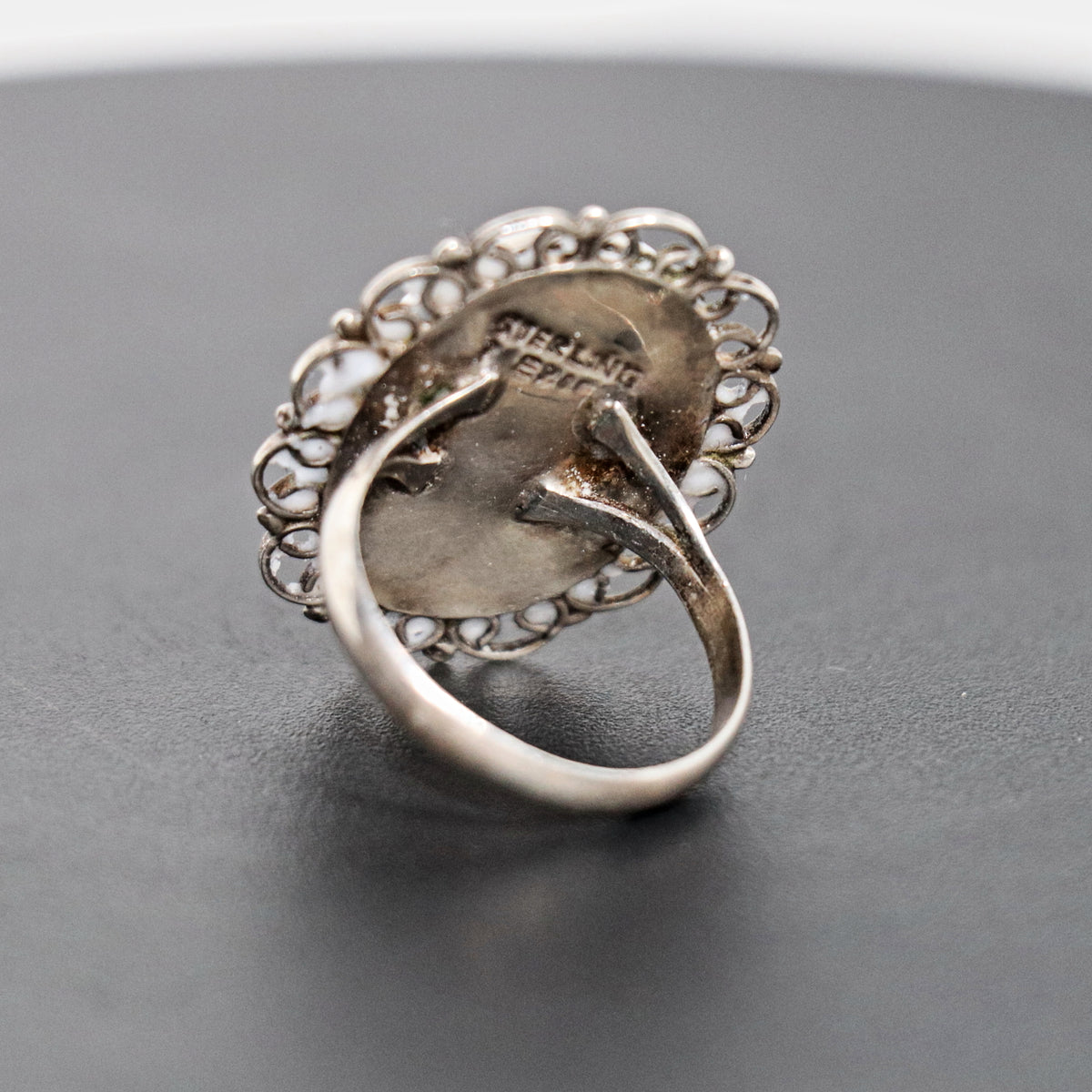 Vintage Mexican Sterling Silver Iridescent Glass Statement Ring