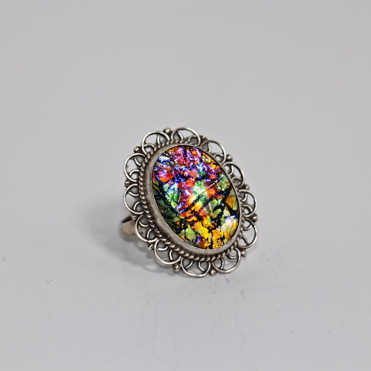 Vintage Mexican Sterling Silver Iridescent Glass Statement Ring