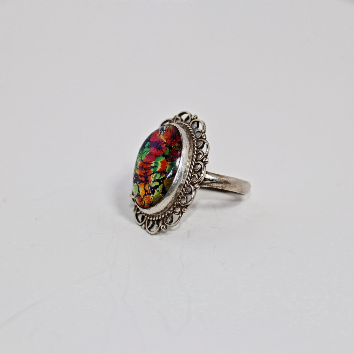 Vintage Mexican Sterling Silver Iridescent Glass Statement Ring