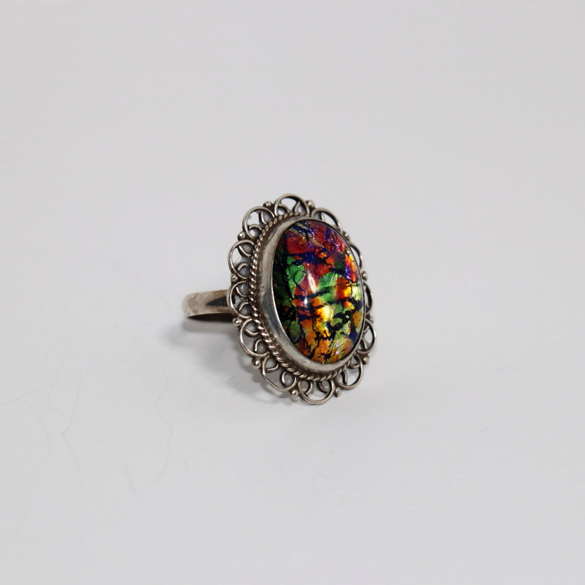Vintage Mexican Sterling Silver Iridescent Glass Statement Ring