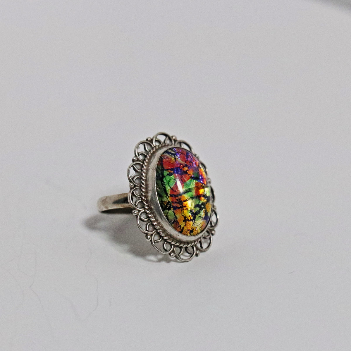 Vintage Mexican Sterling Silver Iridescent Glass Statement Ring