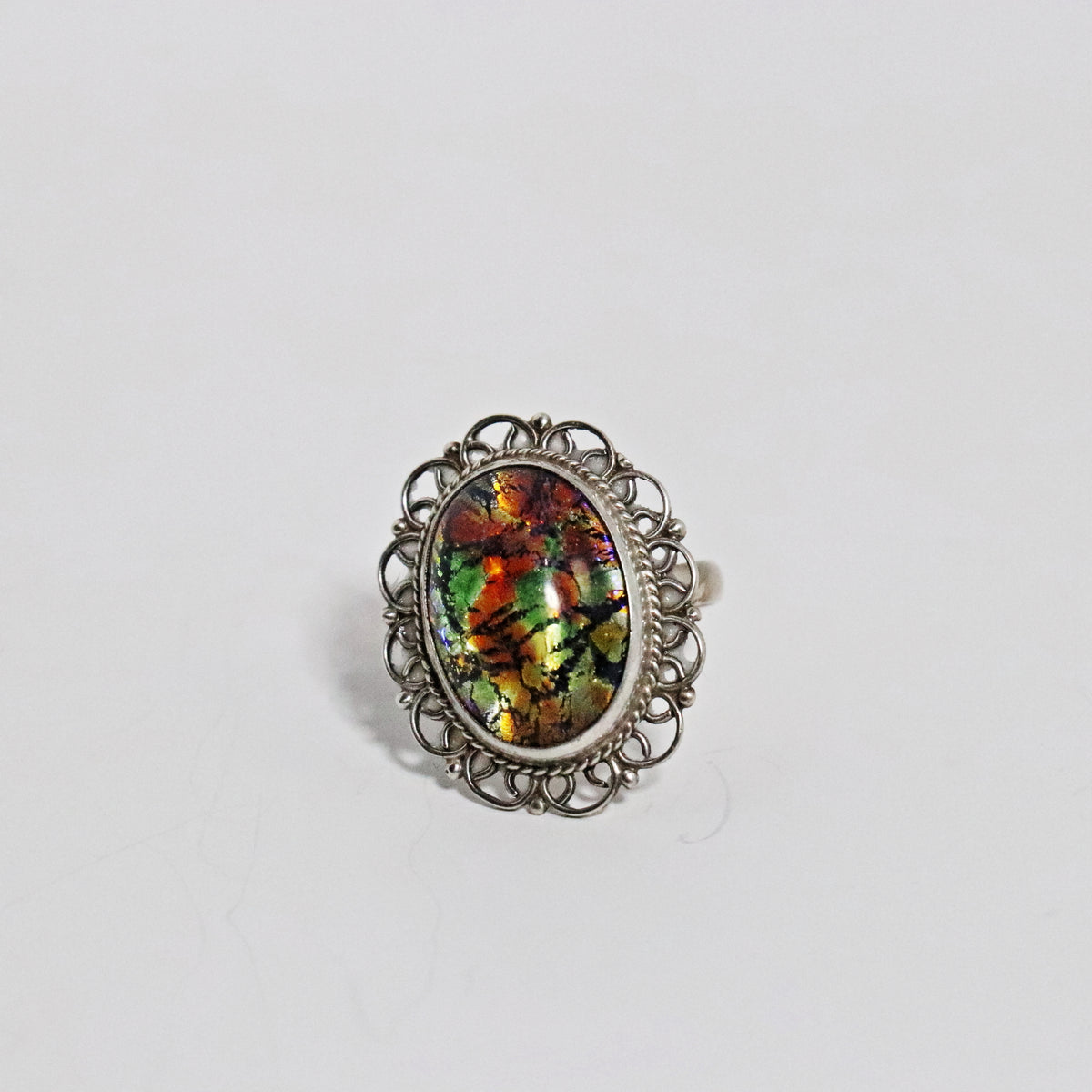 Vintage Mexican Sterling Silver Iridescent Glass Statement Ring